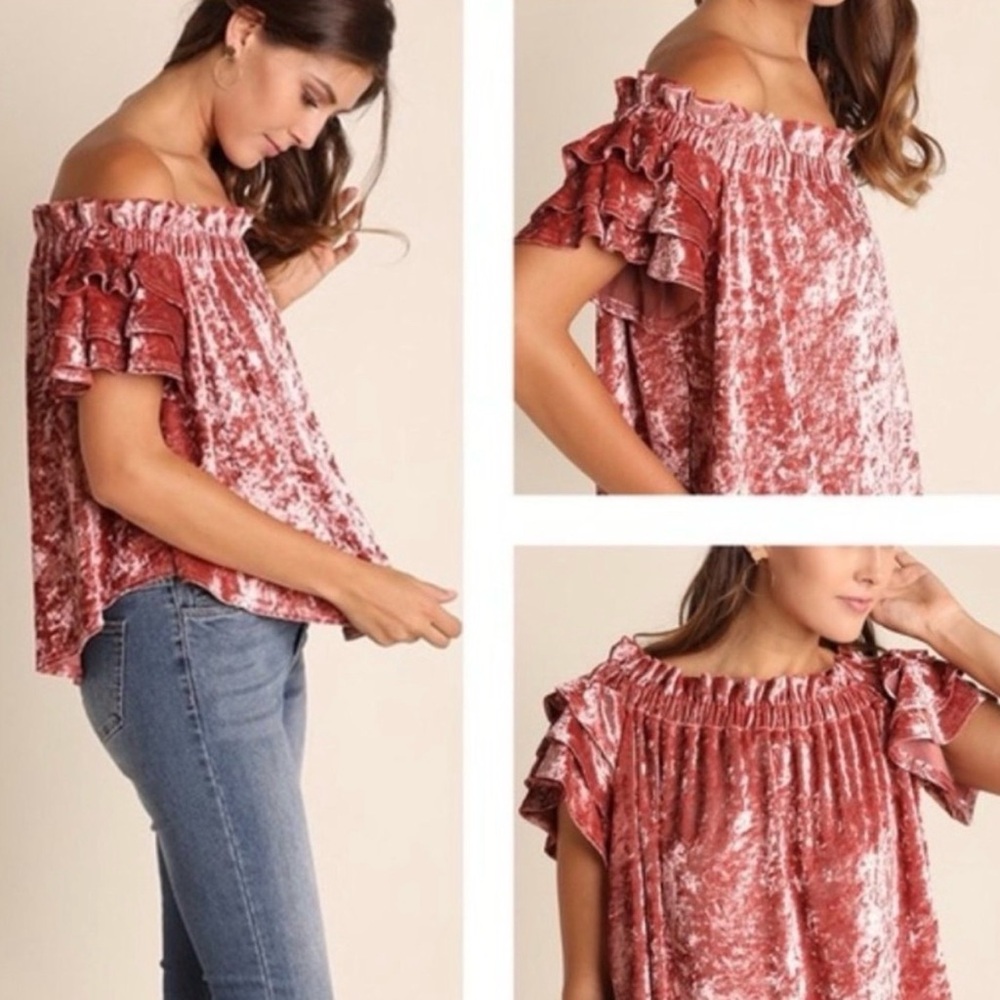 Umgee‎ Velvet Off-Shoulder Ruffle Blouse in Rose